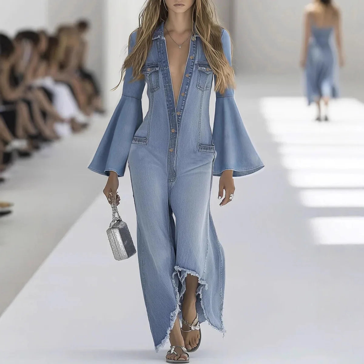 NastyENF Girl Next Door Denim Jumpsuit with Flare Sleeves