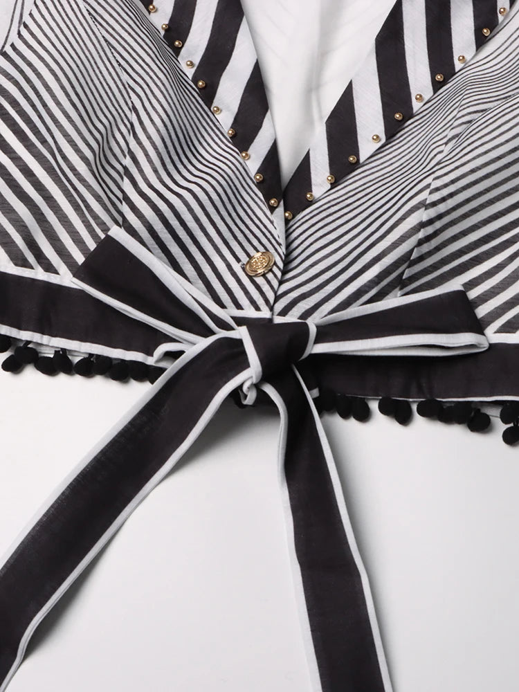 NastyENF Peripheral Striped V Neck Lantern Sleeve Top and High Waist A Line Skirt