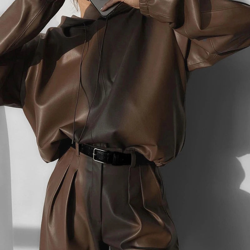 NastyENF Say Less Faux Leather Hooded Set with High Waist Knee Length Shorts