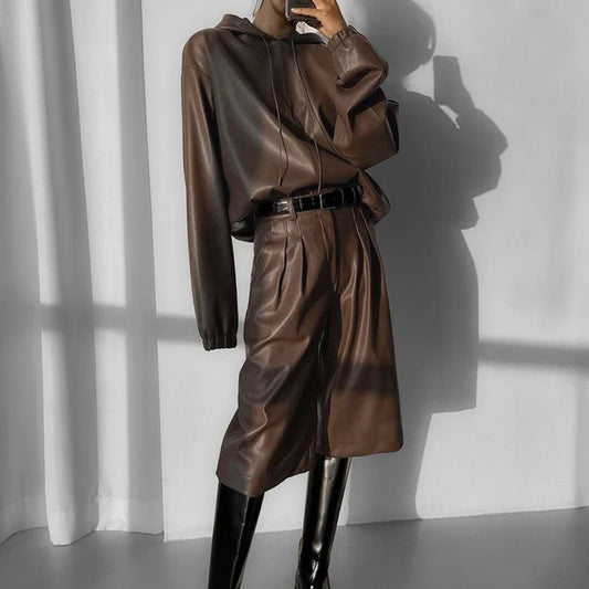 NastyENF Say Less Faux Leather Hooded Set with High Waist Knee Length Shorts