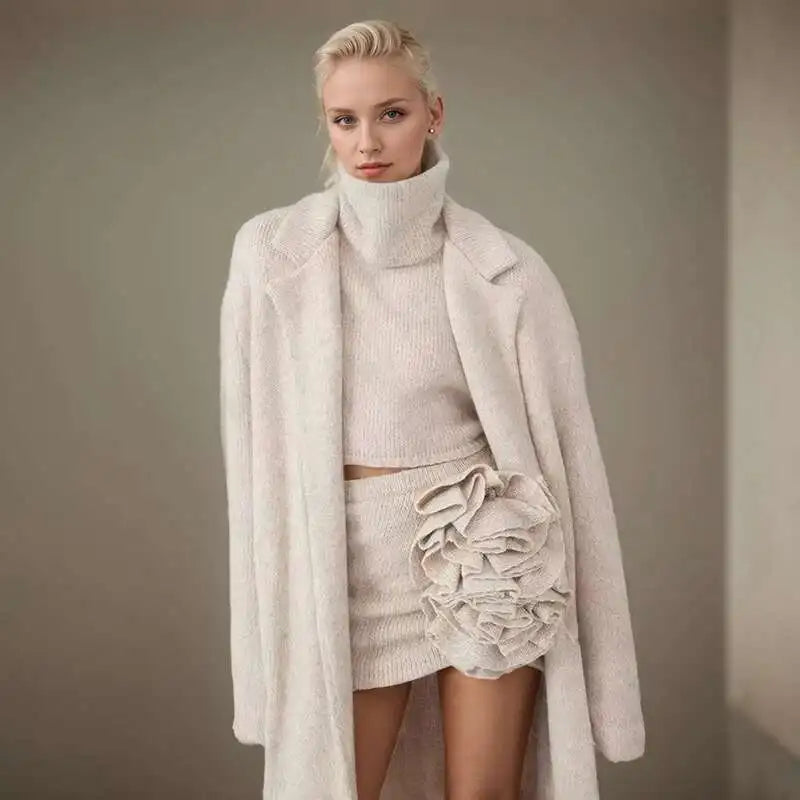 NastyENF Effortless Long Sweater Coat with Three Dimensional Flower Mini Skirt and Knitted Cardigan