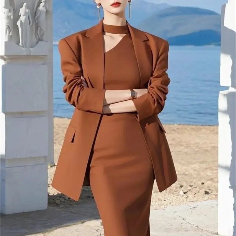 NastyENF Classified Skirt Set with Elegant Blazer+Halter Neck Midi Dress