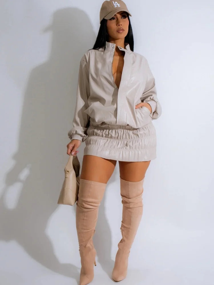 NastyENF Decompressed Faux Leather Two Piece Skirt Set