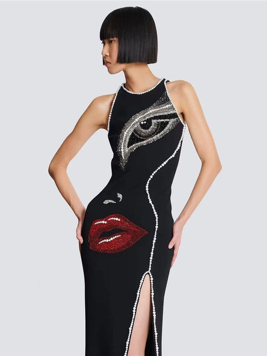 NastyENF Smooches Sexy O Neck Pearl and Diamonds Beaded Bandage Dress