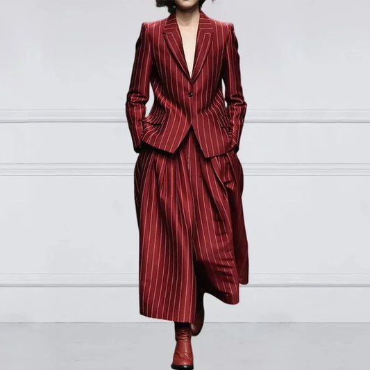 NastyENF Get In Line Striped Long Sleeve Blazer with Notched Collar & High Waist Wide Leg Pants