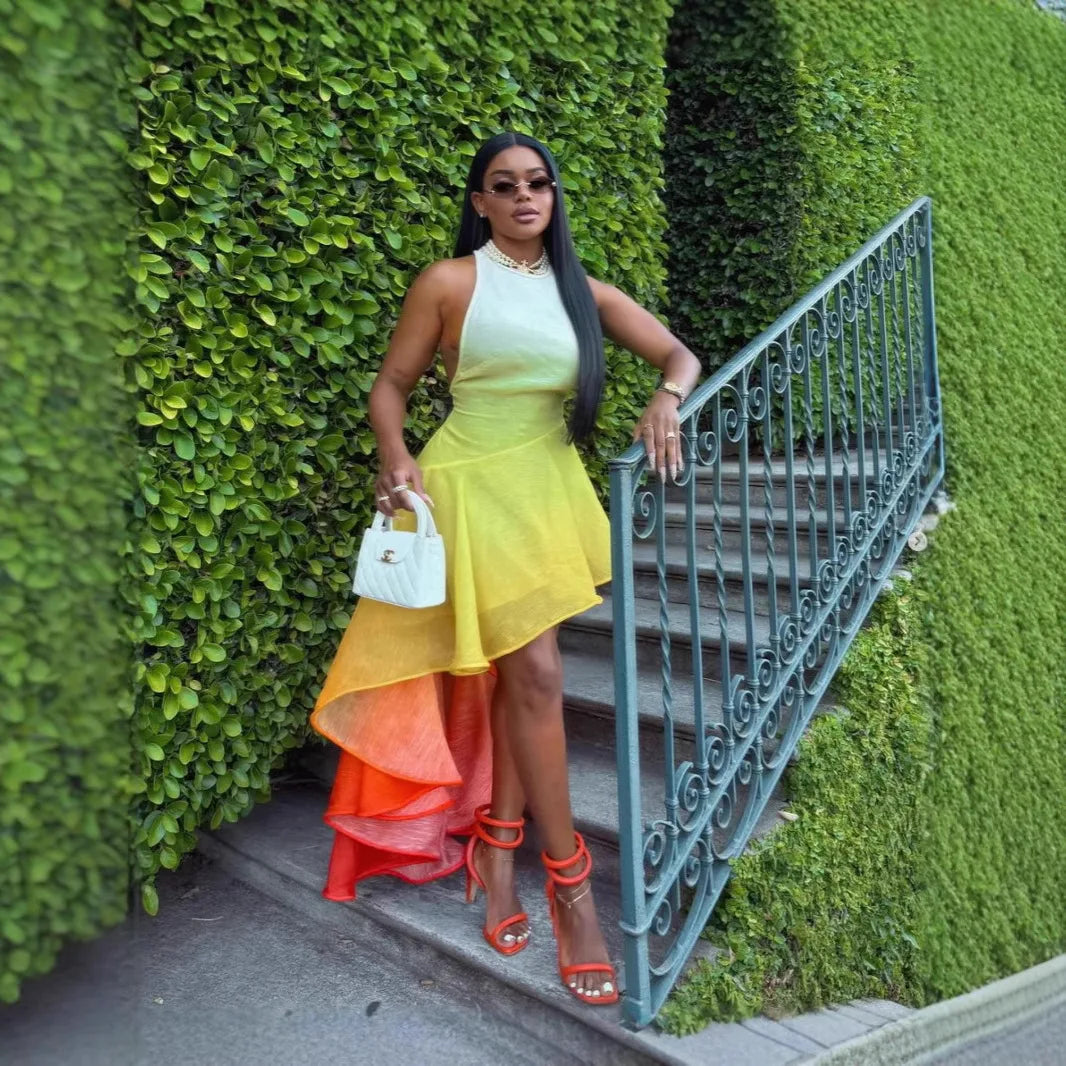 NastyENF Sunsets O-neck Gradient Print Sleeveless Mermaid Dress