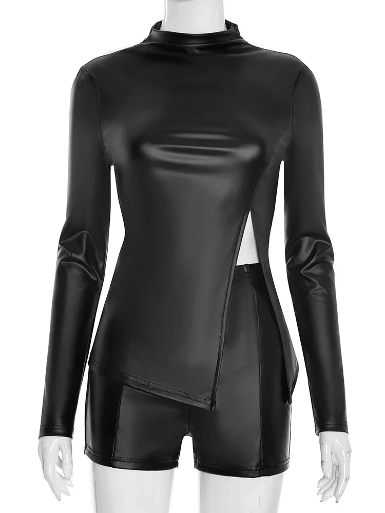 NastyENF Short Term Faux Leather 2 Piece Short Set with Full Sleeve and Side Split