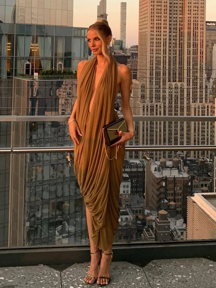 NastyENF Draping Ruched Halter Maxi Dress with Irregular Hem