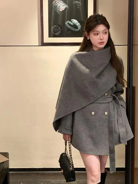 NastyENF Sidetracked Double Breasted Lace-up Coat with Shawl Scarf