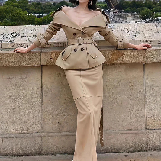 NastyENF In The Trenches Sexy Double-Breasted Short Trench Coat and Wrapped Skirt