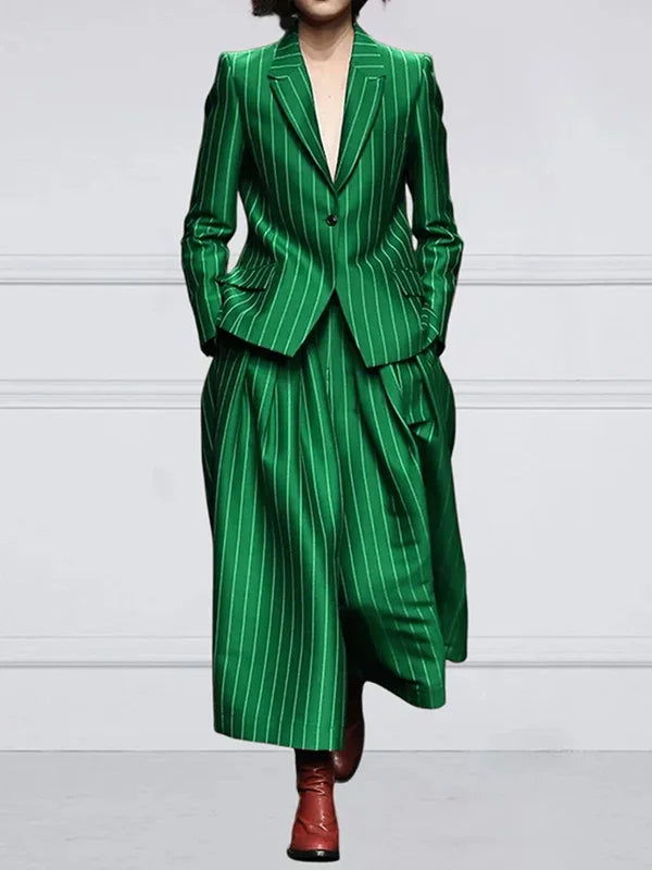 NastyENF Get In Line Striped Long Sleeve Blazer with Notched Collar & High Waist Wide Leg Pants