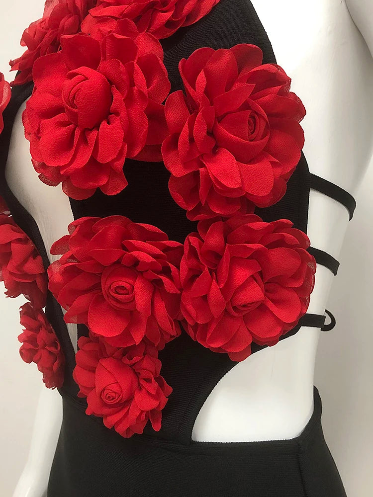 NastyENF Coming Up Roses Sexy Halter 3D Flower Backless Lace-up Bodycon Dress