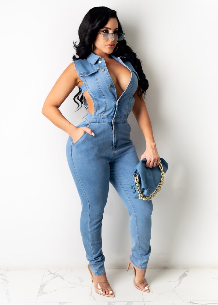 NastyENF Sidetracked Sexy Bodycon Denim Jumpsuit