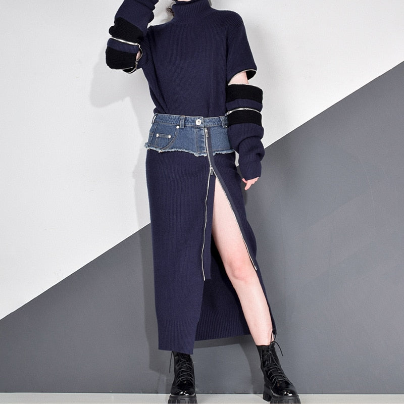 NastyENF Unzipped Knit and Denim Skirt Set