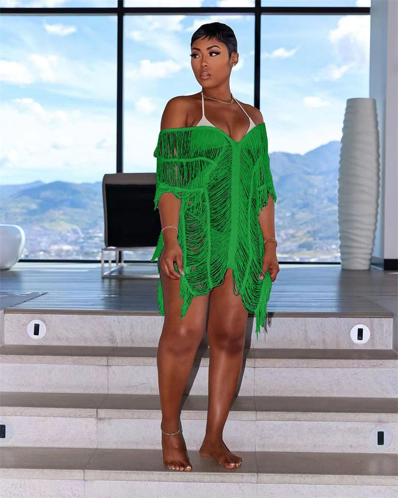 NastyENF Shredded Sexy Knitted Tassel Maxi Dress