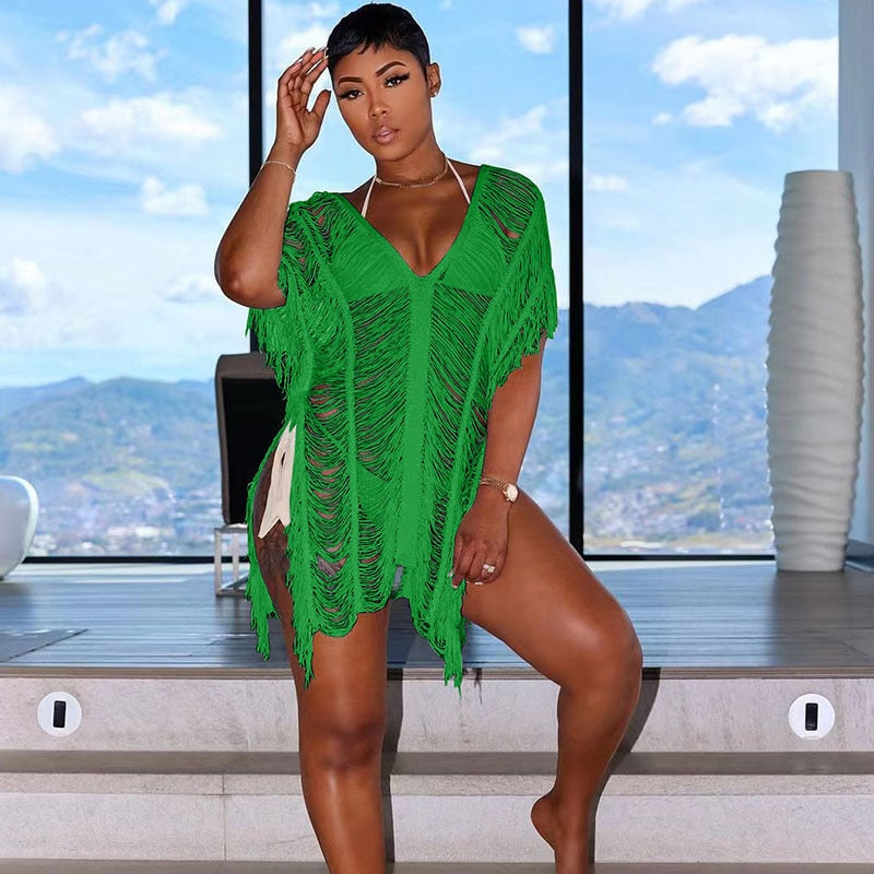 NastyENF Shredded Sexy Knitted Tassel Maxi Dress