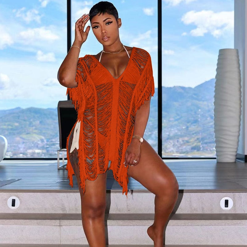 NastyENF Shredded Sexy Knitted Tassel Maxi Dress