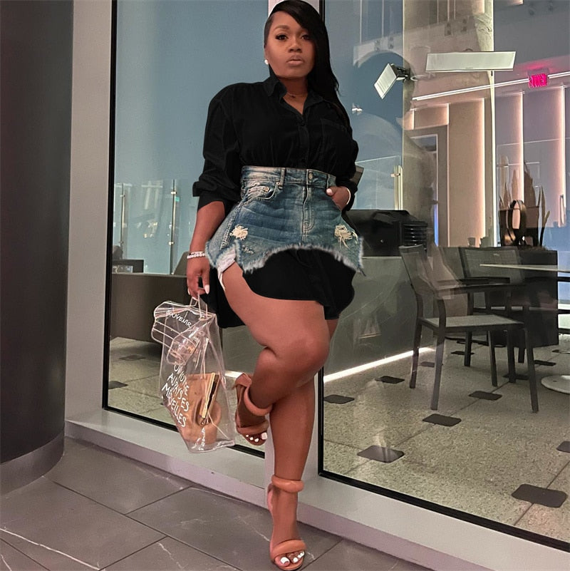 NastyENF Offline Long Sleeve Shirt Dress with Denim Overskirt