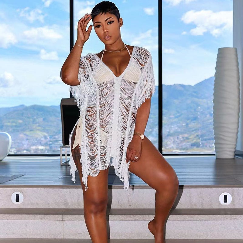 NastyENF Shredded Sexy Knitted Tassel Maxi Dress