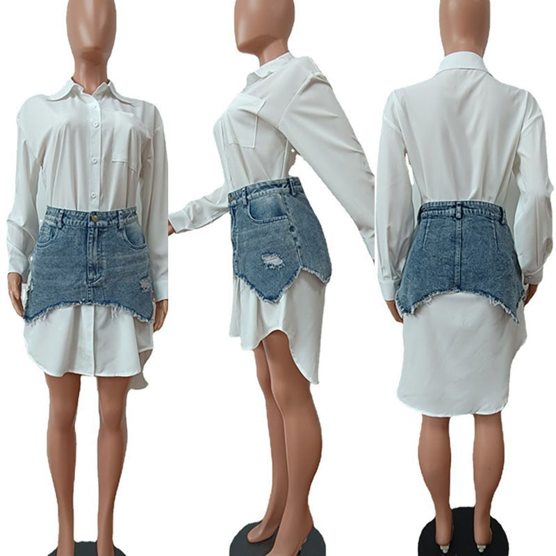 NastyENF Offline Long Sleeve Shirt Dress with Denim Overskirt
