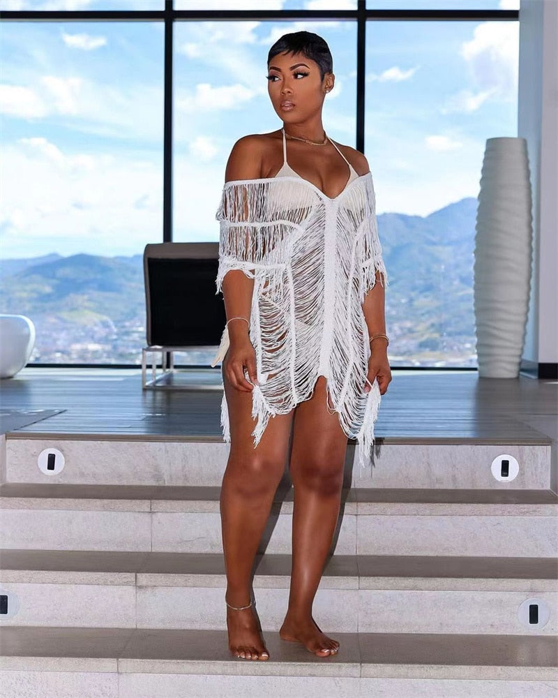 NastyENF Shredded Sexy Knitted Tassel Maxi Dress