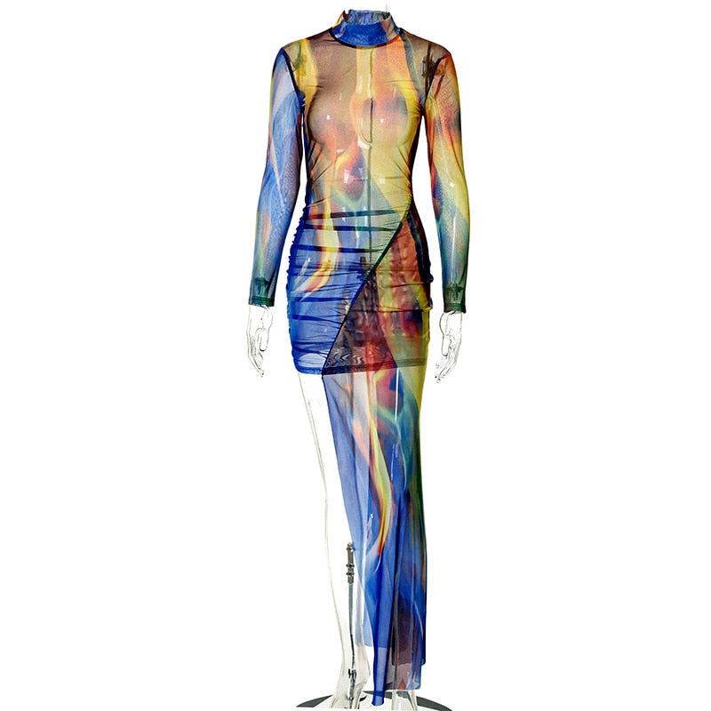 NastyENF Sunsets Sexy Sheer Mesh Print Mini Dress