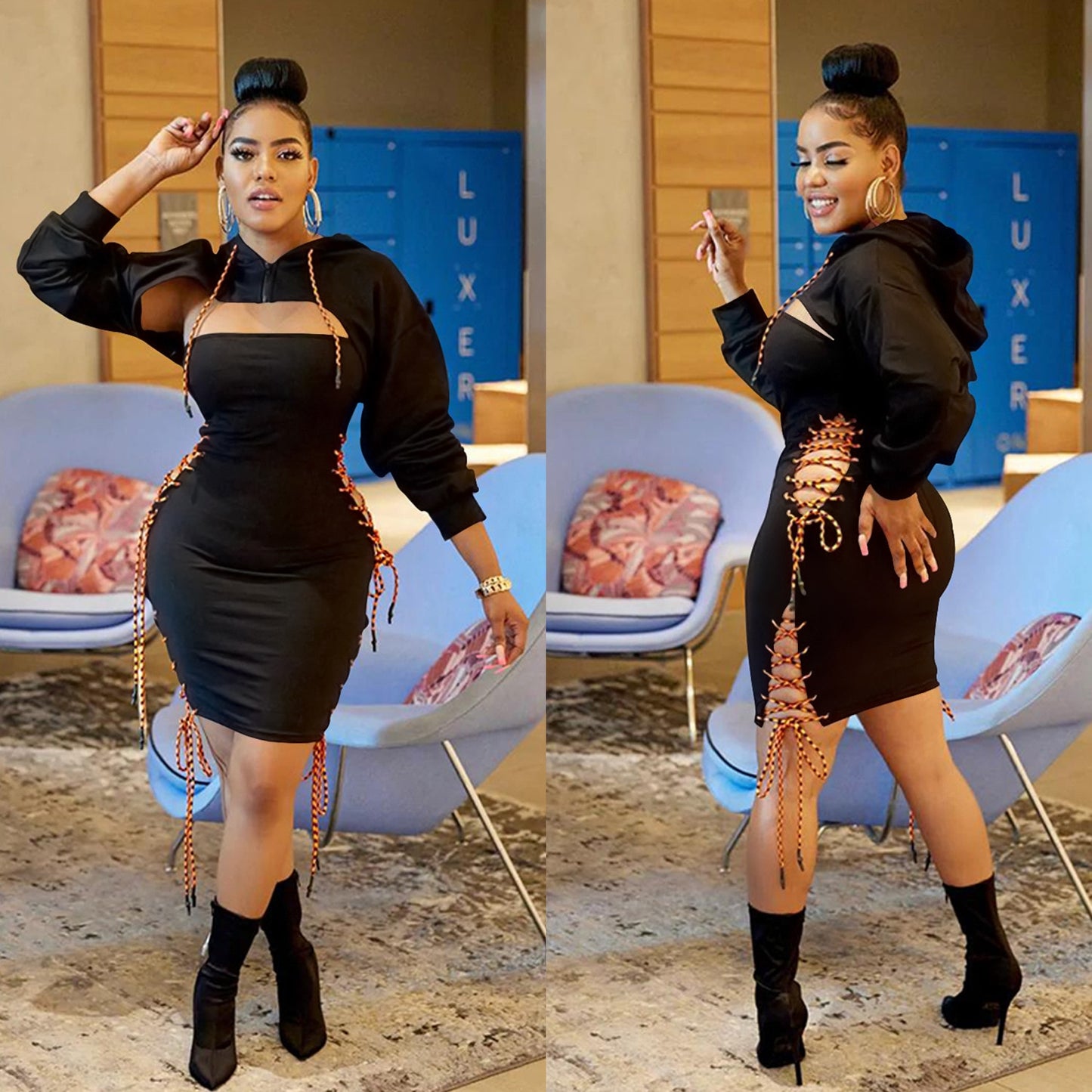 NastyENF Sideswiped Hooded Bodycon Dress with Side Cut Out