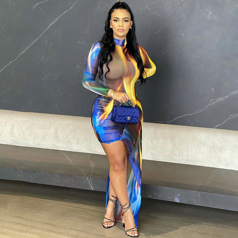 NastyENF Sunsets Sexy Sheer Mesh Print Mini Dress