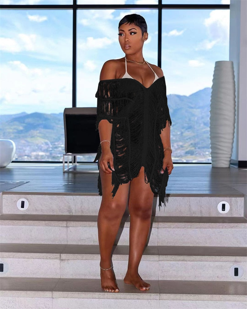 NastyENF Shredded Sexy Knitted Tassel Maxi Dress