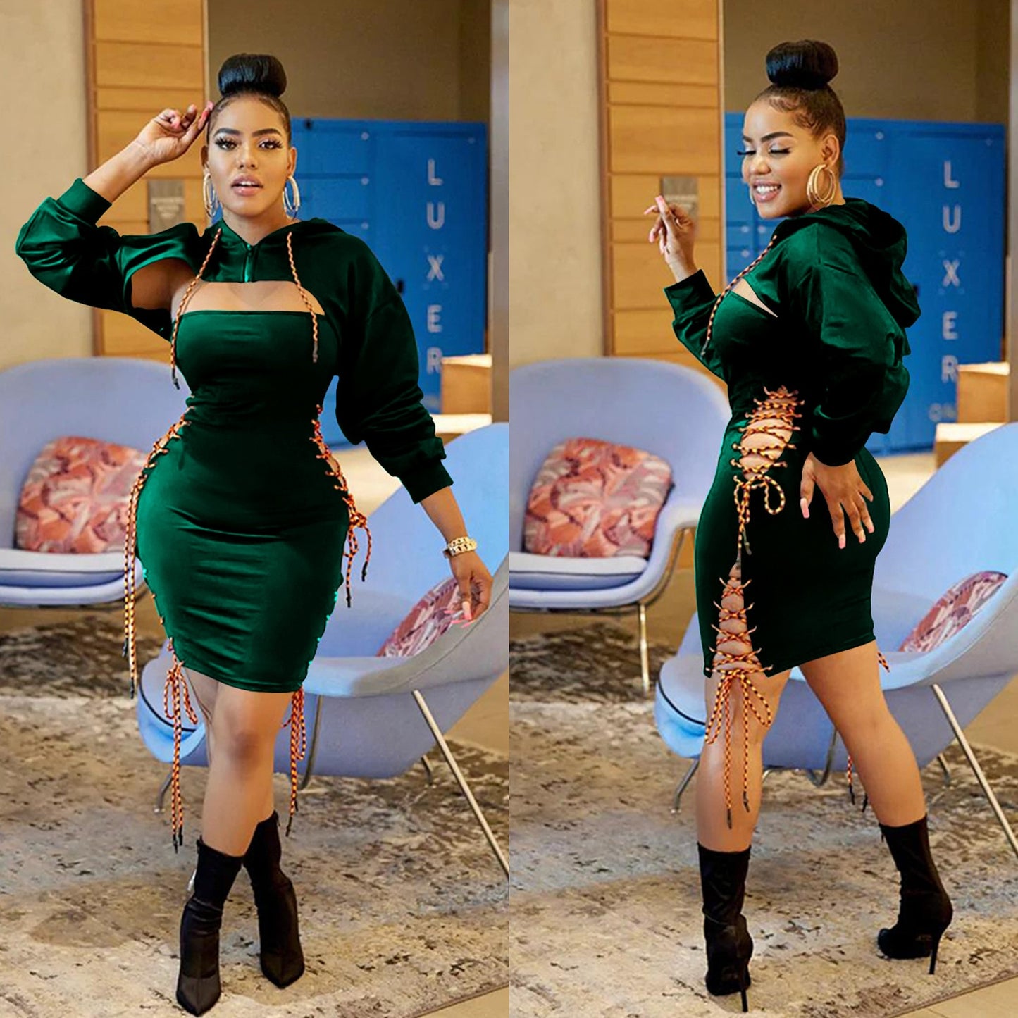 NastyENF Sideswiped Hooded Bodycon Dress with Side Cut Out
