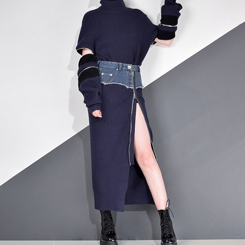 NastyENF Unzipped Knit and Denim Skirt Set