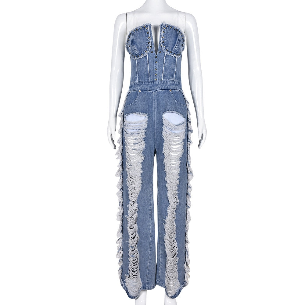 NastyENF Easygoing Vintage Hole Tassel Denim Jumpsuit