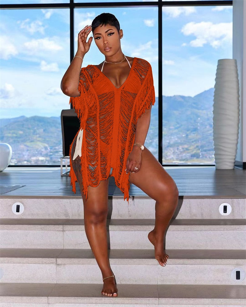 NastyENF Shredded Sexy Knitted Tassel Maxi Dress