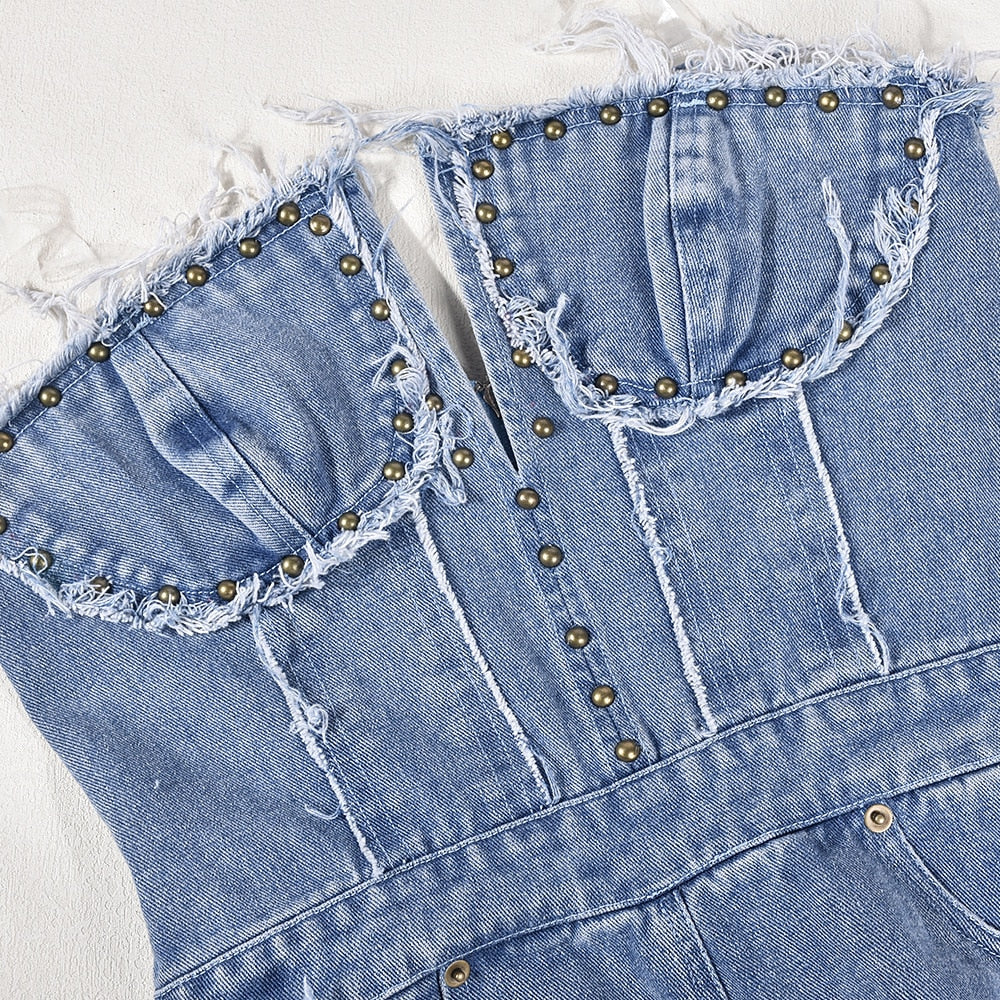 NastyENF Easygoing Vintage Hole Tassel Denim Jumpsuit