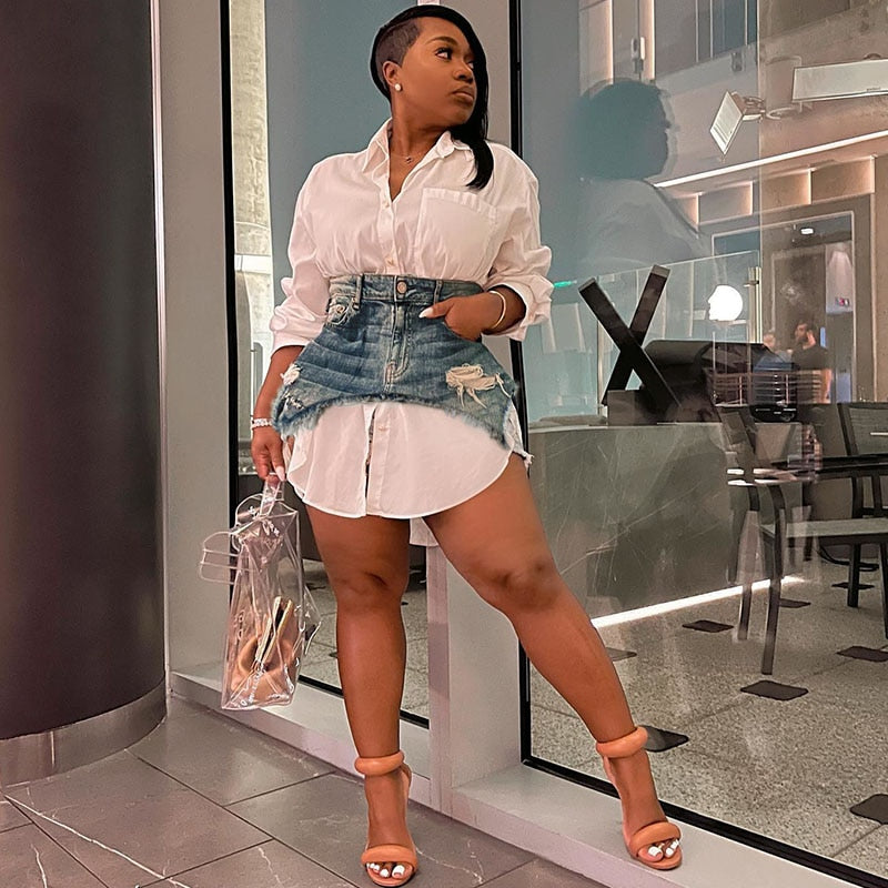 NastyENF Offline Long Sleeve Shirt Dress with Denim Overskirt