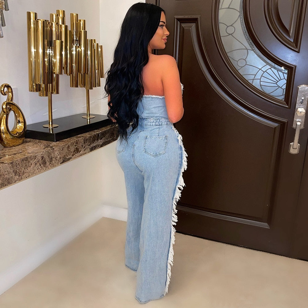 NastyENF Easygoing Vintage Hole Tassel Denim Jumpsuit