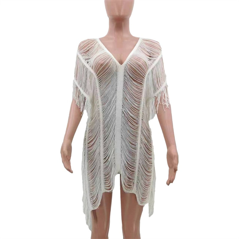 NastyENF Shredded Sexy Knitted Tassel Maxi Dress