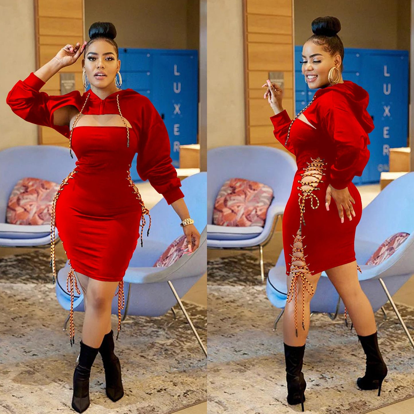 NastyENF Sideswiped Hooded Bodycon Dress with Side Cut Out