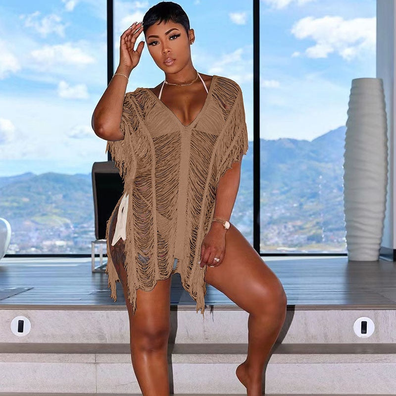 NastyENF Shredded Sexy Knitted Tassel Maxi Dress