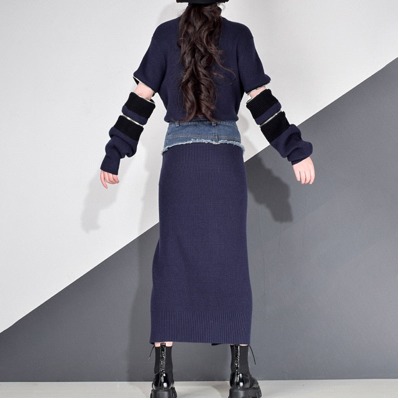 NastyENF Unzipped Knit and Denim Skirt Set