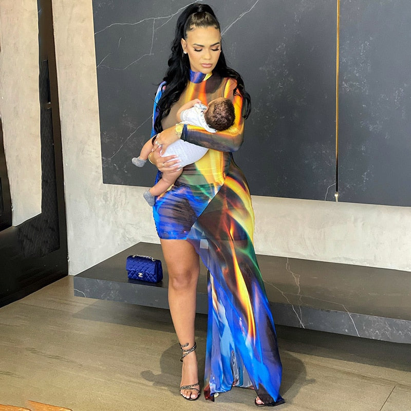 NastyENF Sunsets Sexy Sheer Mesh Print Mini Dress