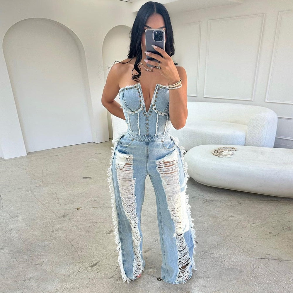 NastyENF Easygoing Vintage Hole Tassel Denim Jumpsuit
