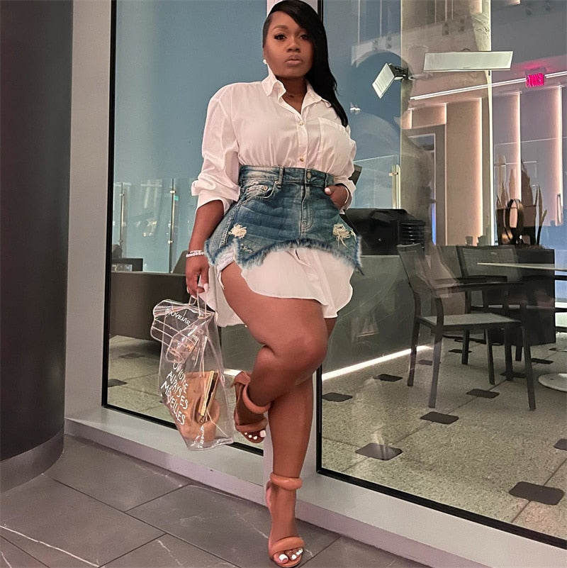NastyENF Offline Long Sleeve Shirt Dress with Denim Overskirt