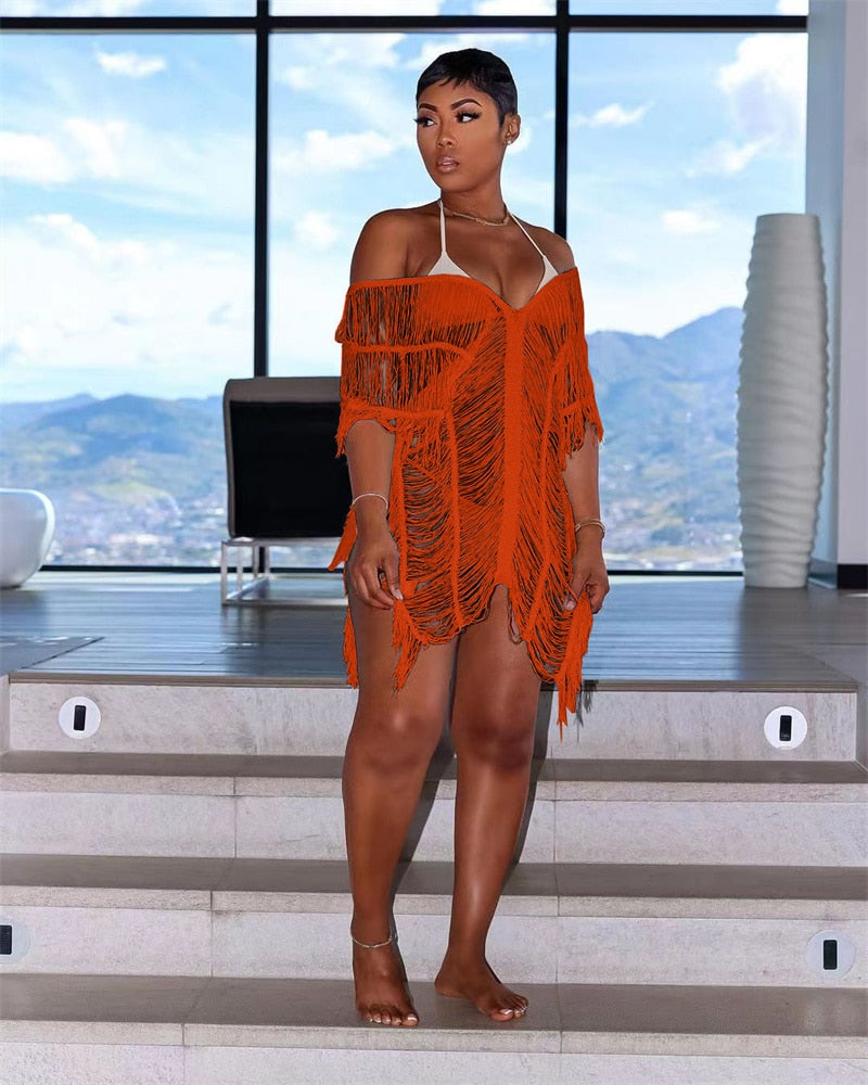 NastyENF Shredded Sexy Knitted Tassel Maxi Dress