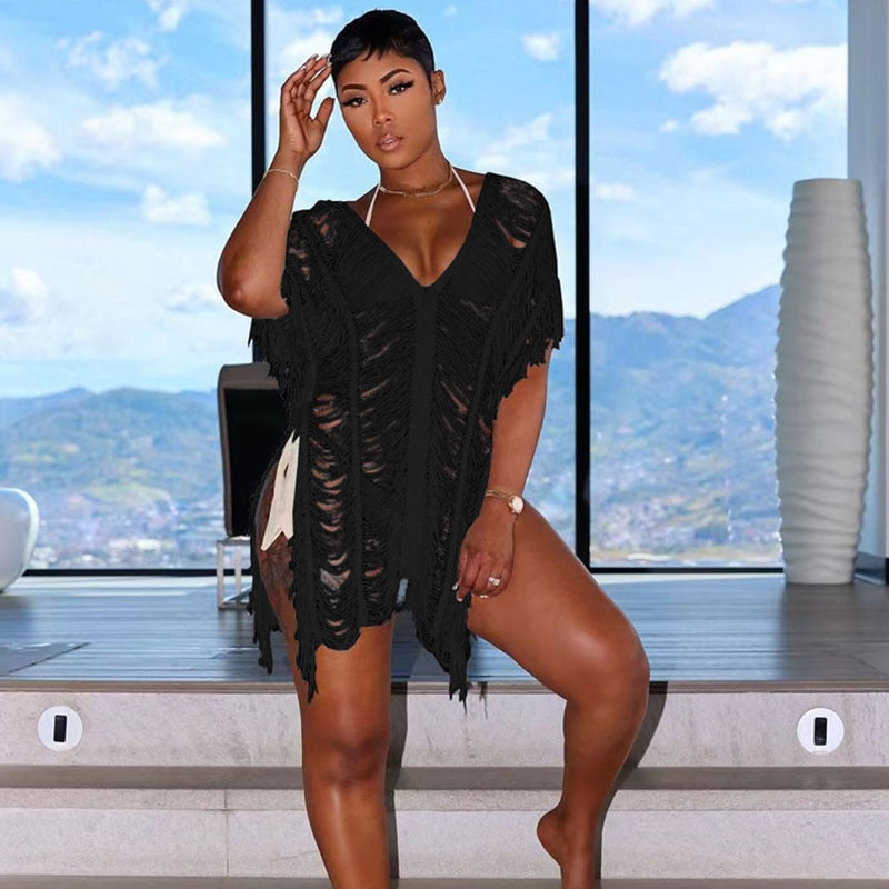 NastyENF Shredded Sexy Knitted Tassel Maxi Dress