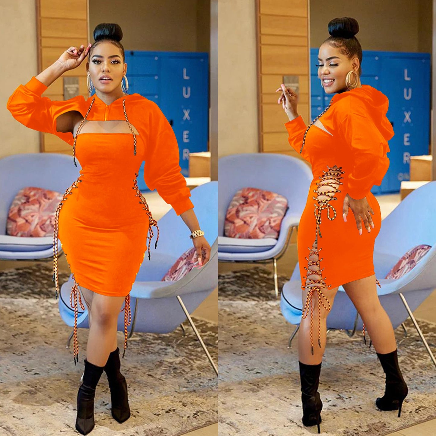 NastyENF Sideswiped Hooded Bodycon Dress with Side Cut Out