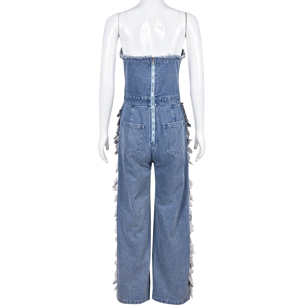 NastyENF Easygoing Vintage Hole Tassel Denim Jumpsuit