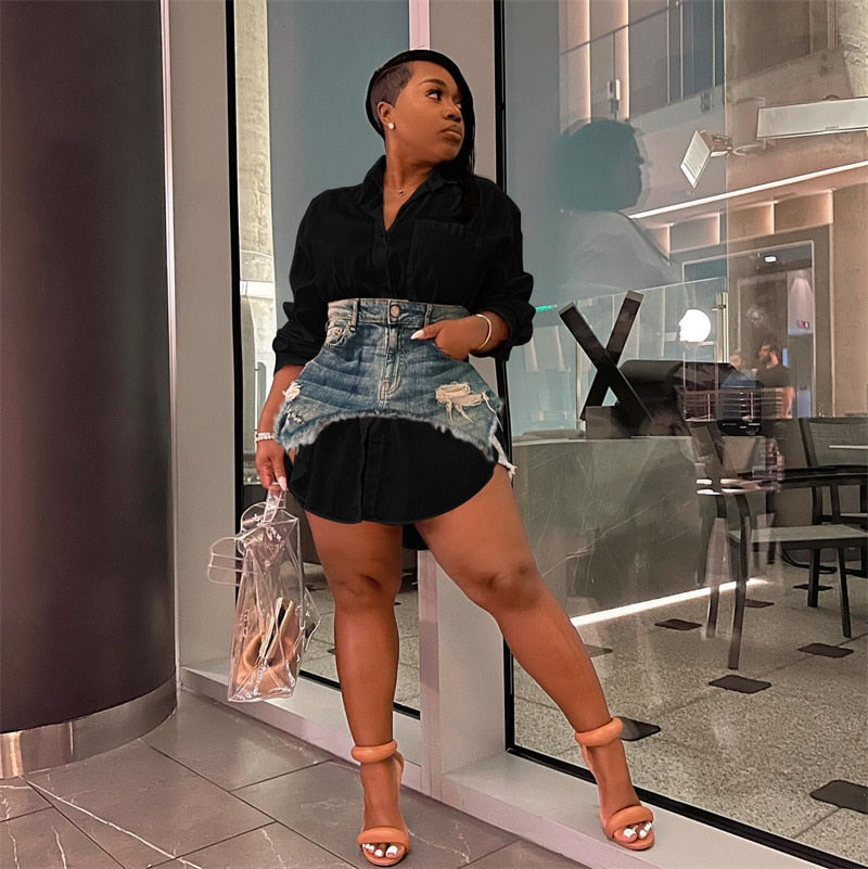 NastyENF Offline Long Sleeve Shirt Dress with Denim Overskirt