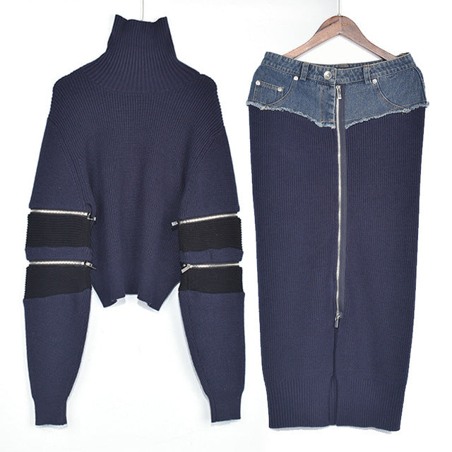 NastyENF Unzipped Knit and Denim Skirt Set