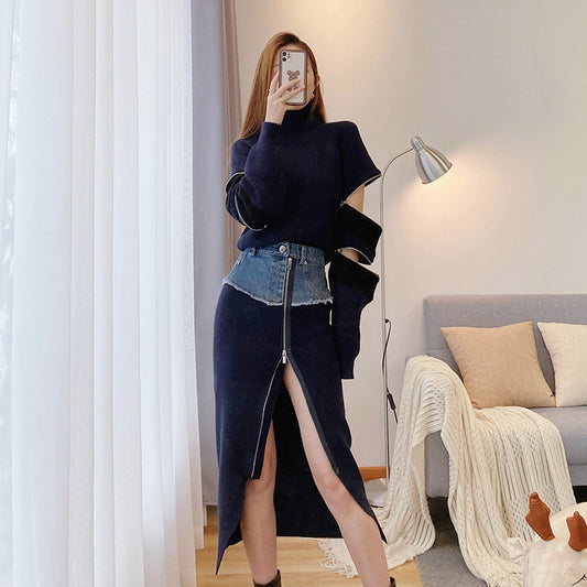 NastyENF Unzipped Knit and Denim Skirt Set